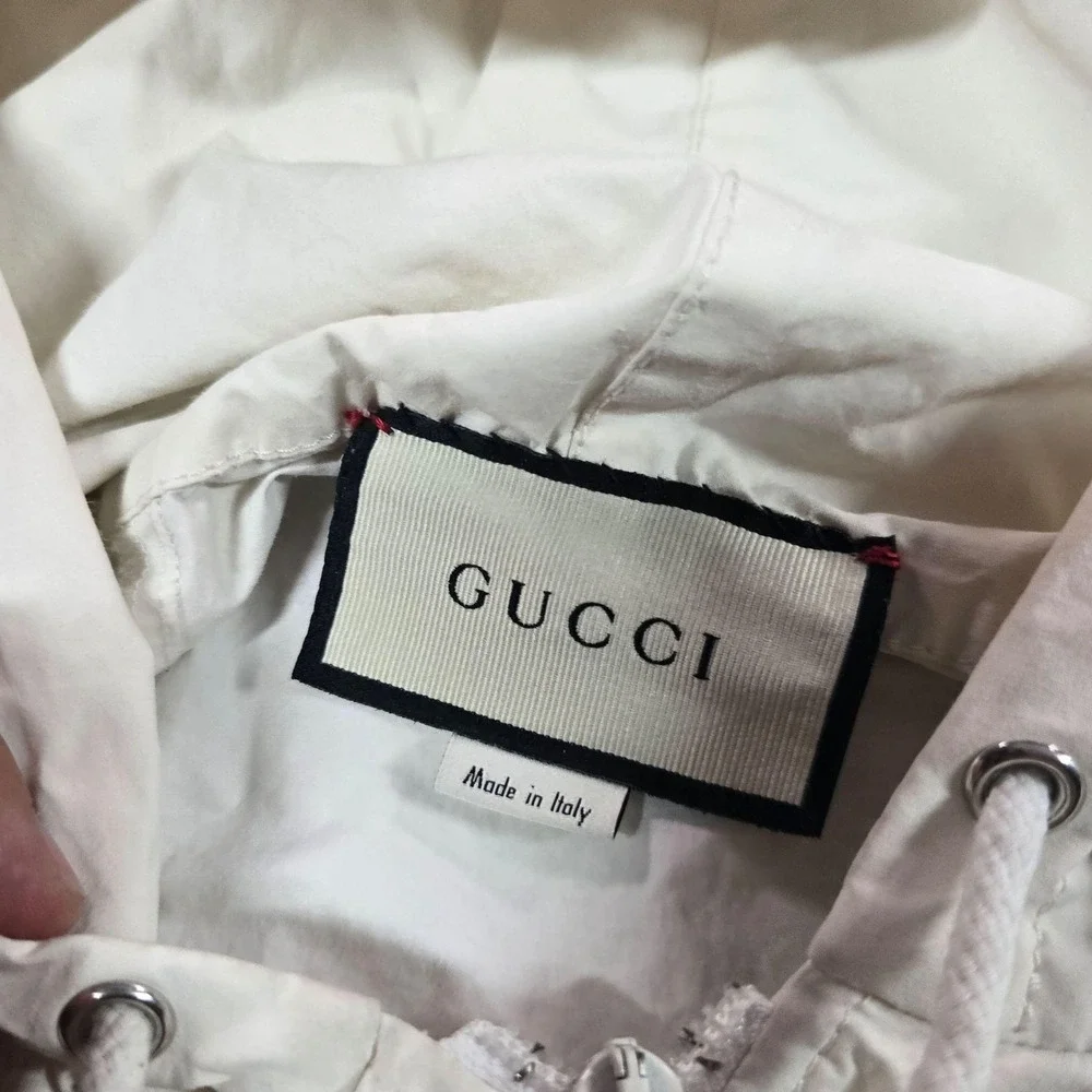 Gucci Jacket Mens IT 50 White Hooded Retro Canvas Stripe Logo Windbreaker Italy